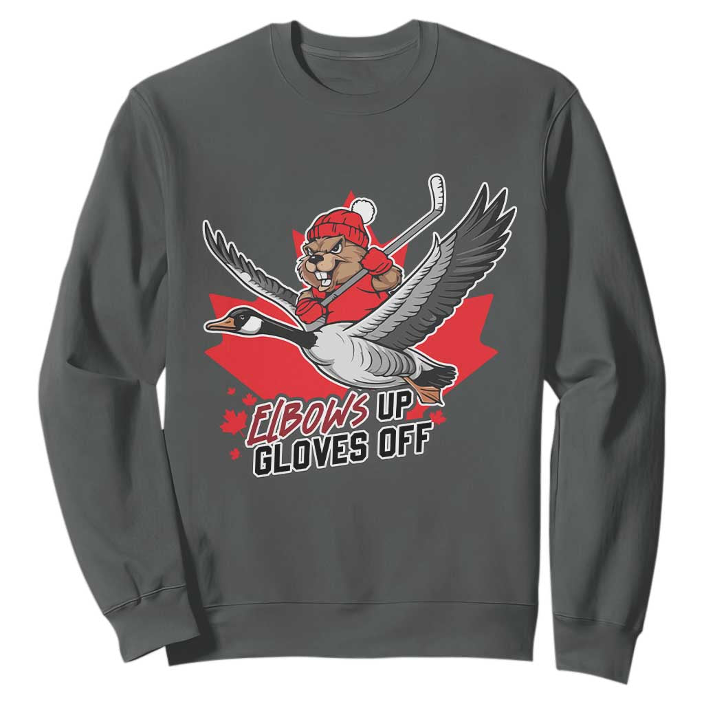 Elbows Up Gloves Off Sweatshirt Canadian Ice Hockey Beaver Gift TS12 Dark Heather Print Your Wear