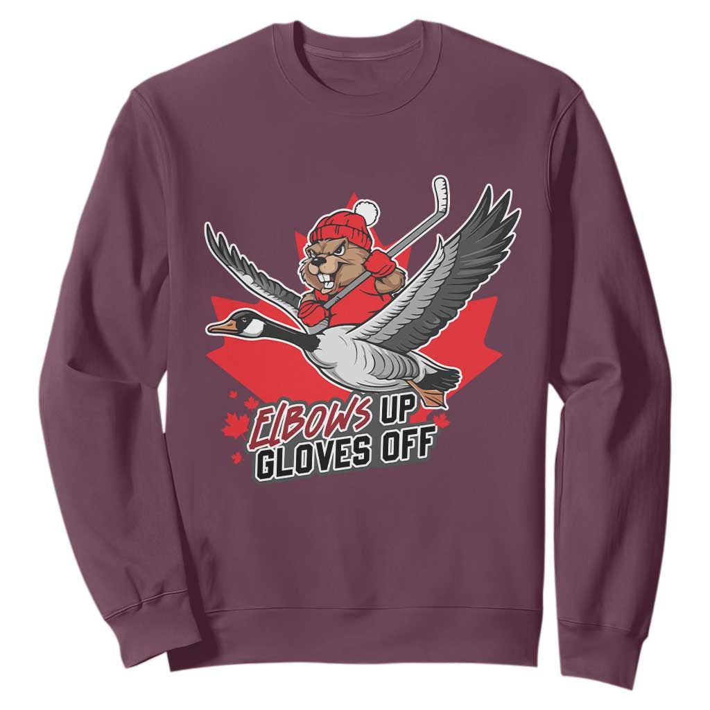Elbows Up Gloves Off Sweatshirt Canadian Ice Hockey Beaver Gift TS12 Maroon Print Your Wear