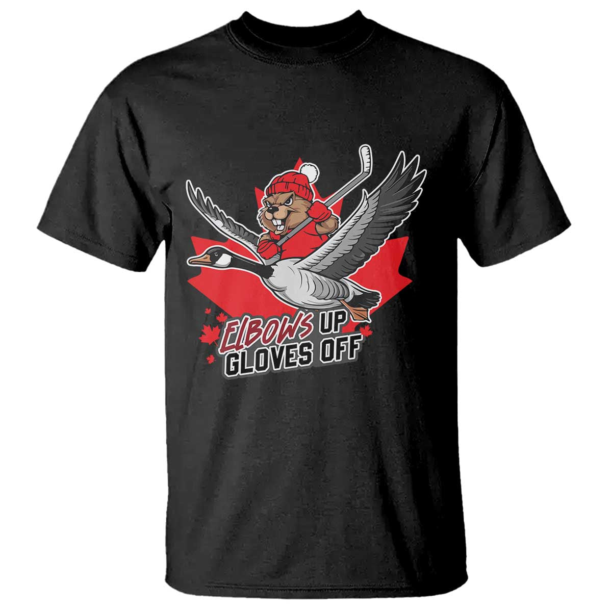 Elbows Up Gloves Off T Shirt Canadian Ice Hockey Beaver Gift TS12 Black Print Your Wear