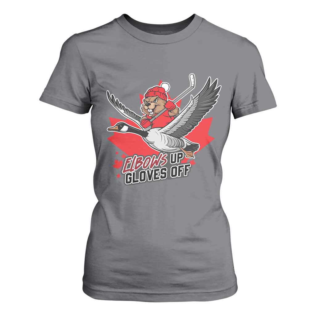 Elbows Up Gloves Off T Shirt For Women Canadian Ice Hockey Beaver Gift TS12 Charcoal Print Your Wear