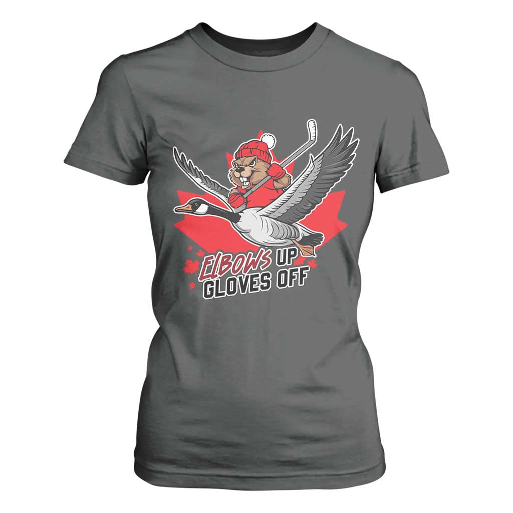 Elbows Up Gloves Off T Shirt For Women Canadian Ice Hockey Beaver Gift TS12 Dark Heather Print Your Wear