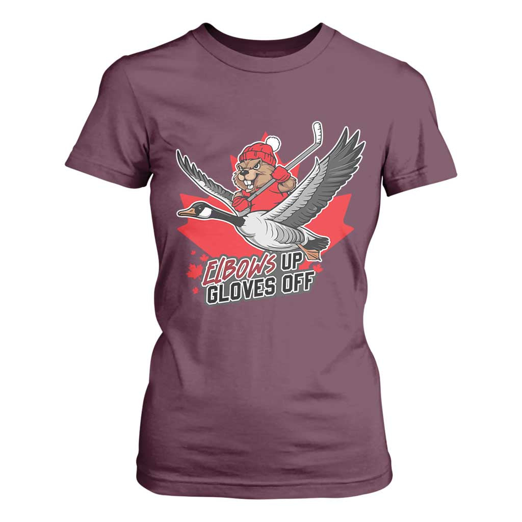 Elbows Up Gloves Off T Shirt For Women Canadian Ice Hockey Beaver Gift TS12 Maroon Print Your Wear