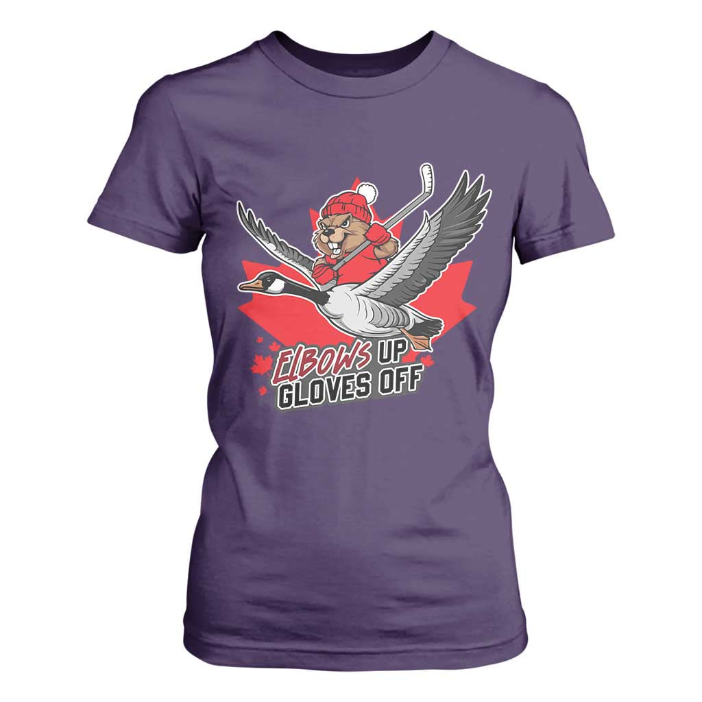 Elbows Up Gloves Off T Shirt For Women Canadian Ice Hockey Beaver Gift TS12 Purple Print Your Wear