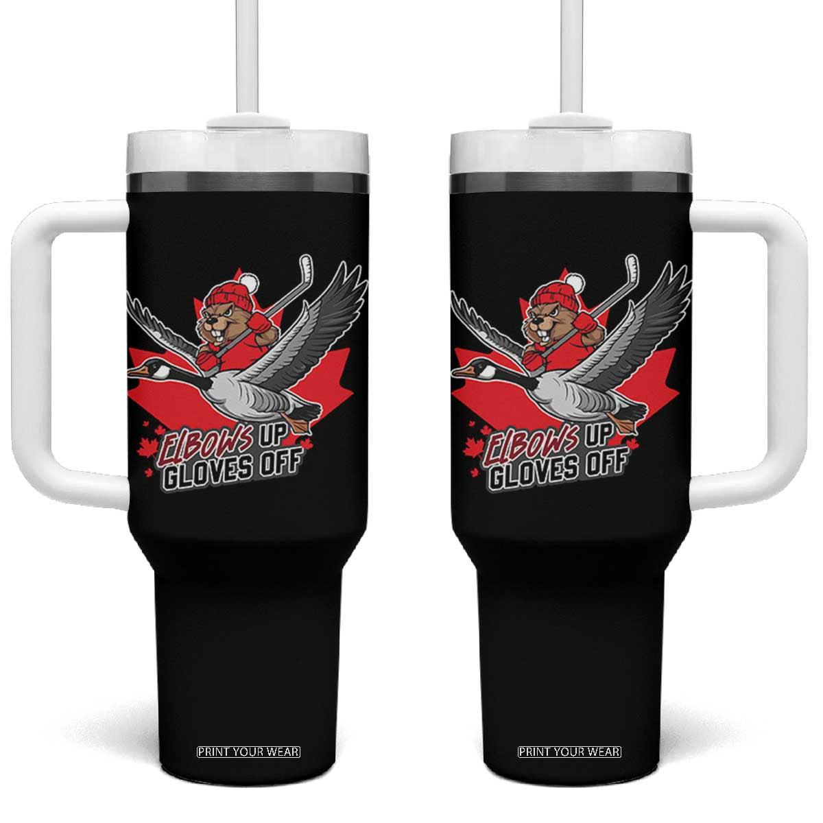 Elbows Up Gloves Off Tumbler With Handle Canadian Ice Hockey Beaver Gift TS12 One Size: 40 oz Black Print Your Wear