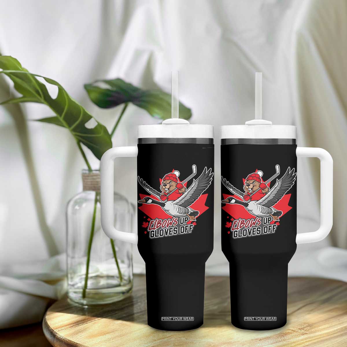 Elbows Up Gloves Off Tumbler With Handle Canadian Ice Hockey Beaver Gift TS12 Print Your Wear
