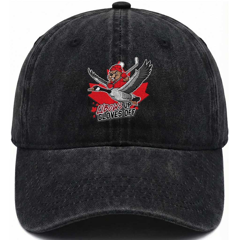 Elbows Up Gloves Off Washed Cotton Baseball Cap Canadian Ice Hockey Beaver Gift TS12 Print Your Wear