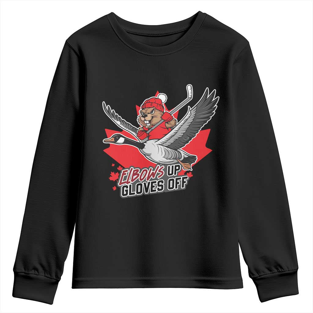 Elbows Up Gloves Off Youth Sweatshirt Canadian Ice Hockey Beaver Gift TS12 Black Print Your Wear