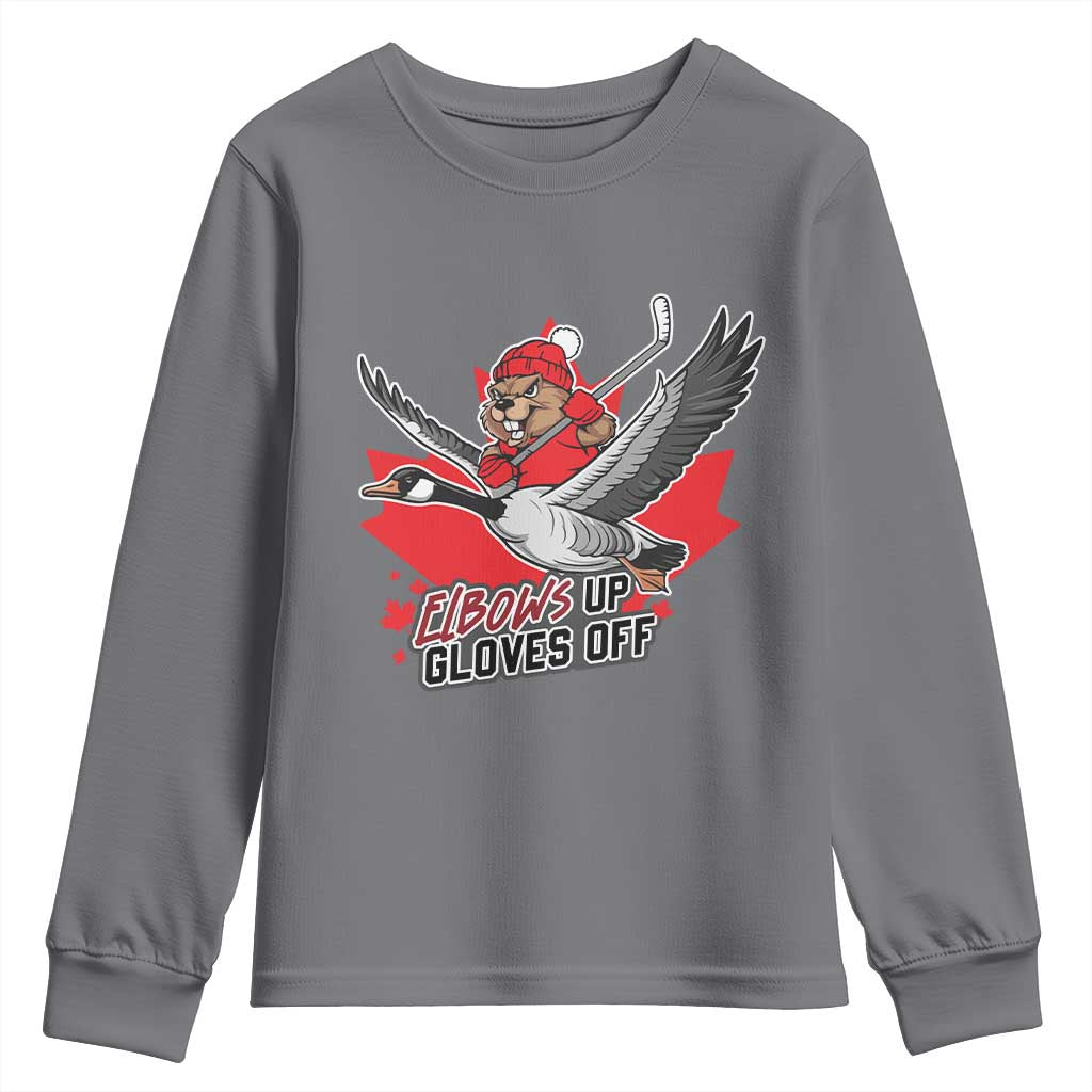 Elbows Up Gloves Off Youth Sweatshirt Canadian Ice Hockey Beaver Gift TS12 Charcoal Print Your Wear