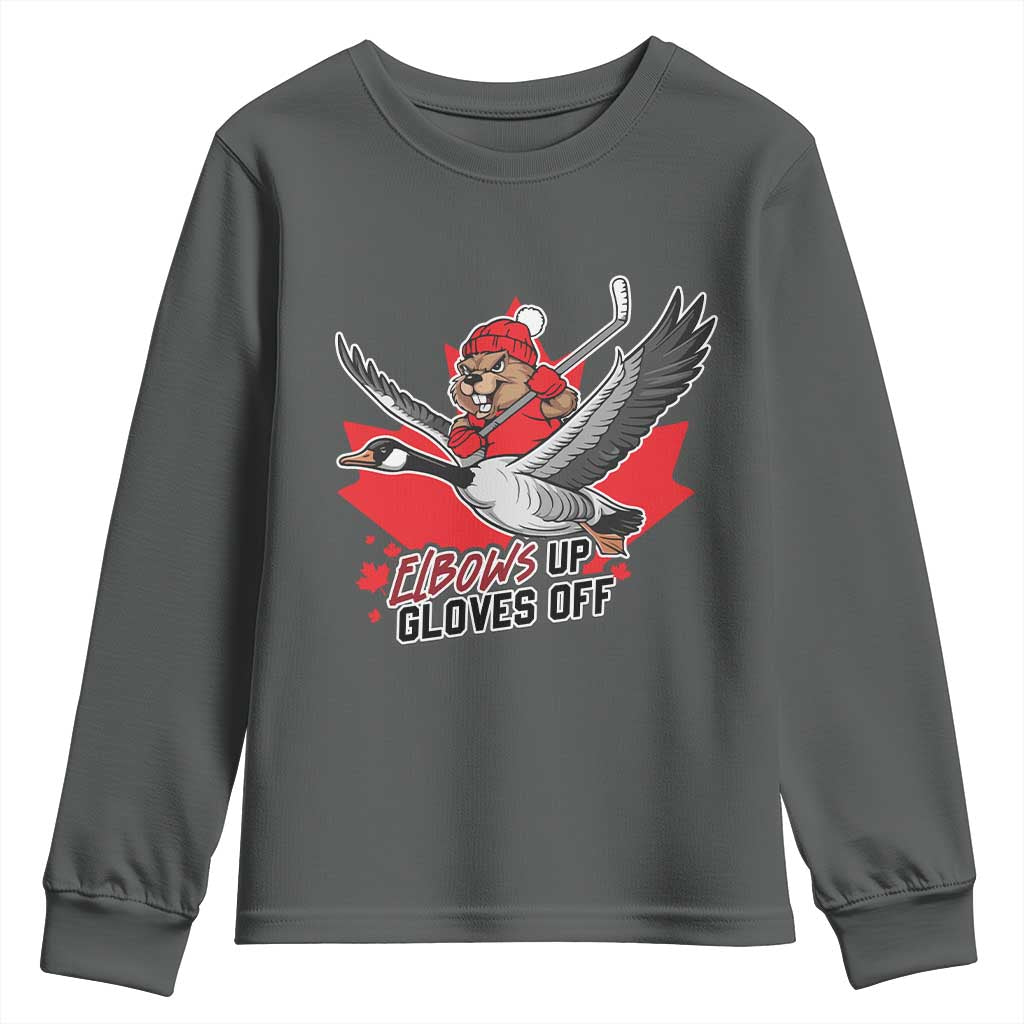 Elbows Up Gloves Off Youth Sweatshirt Canadian Ice Hockey Beaver Gift TS12 Dark Heather Print Your Wear