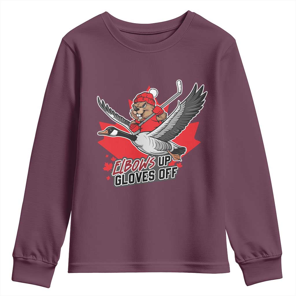 Elbows Up Gloves Off Youth Sweatshirt Canadian Ice Hockey Beaver Gift TS12 Maroon Print Your Wear