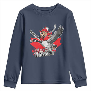 Elbows Up Gloves Off Youth Sweatshirt Canadian Ice Hockey Beaver Gift TS12 Navy Print Your Wear