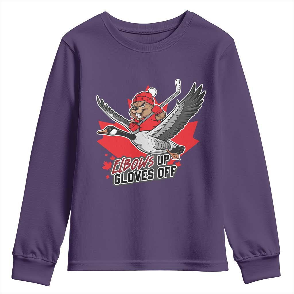 Elbows Up Gloves Off Youth Sweatshirt Canadian Ice Hockey Beaver Gift TS12 Purple Print Your Wear