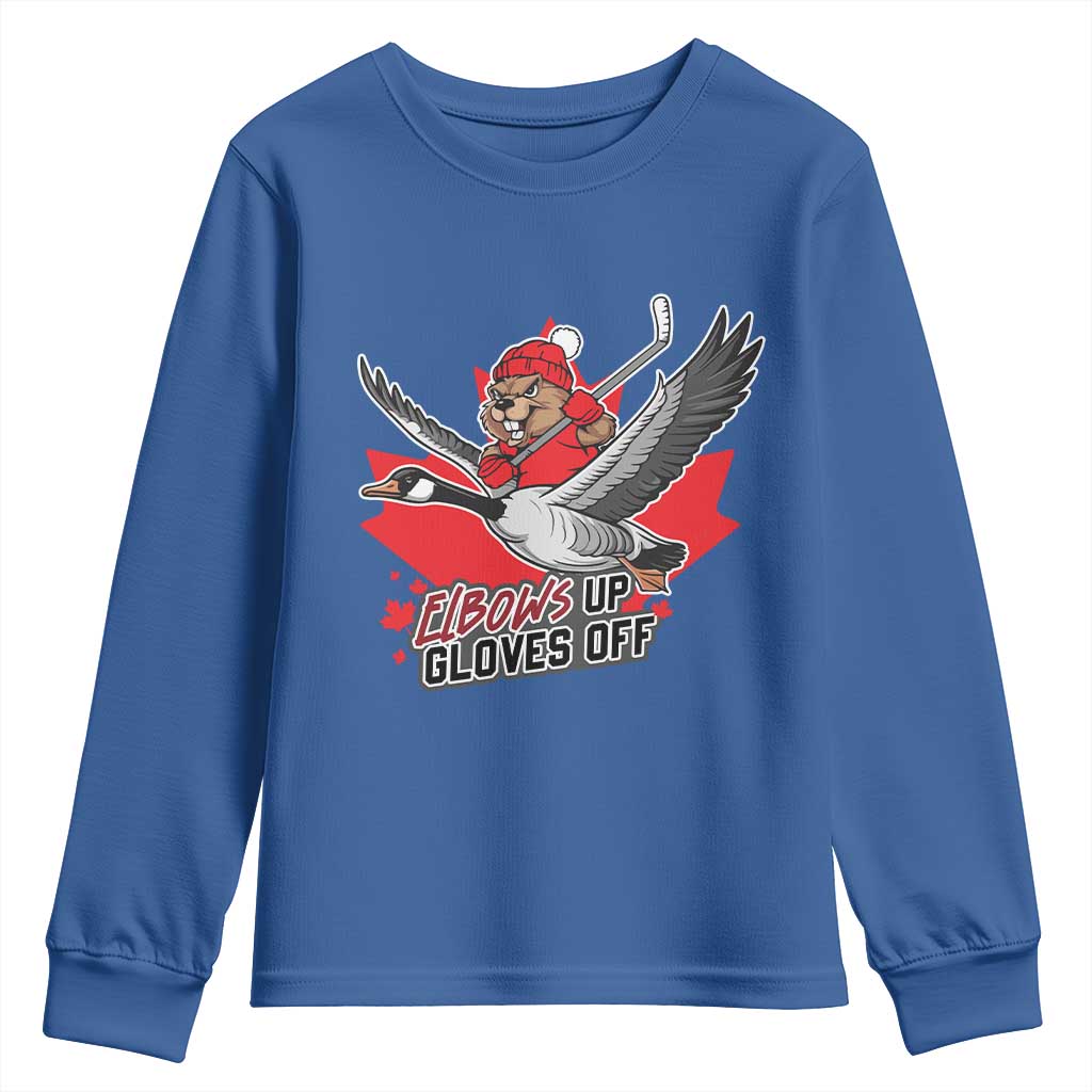 Elbows Up Gloves Off Youth Sweatshirt Canadian Ice Hockey Beaver Gift TS12 Royal Blue Print Your Wear