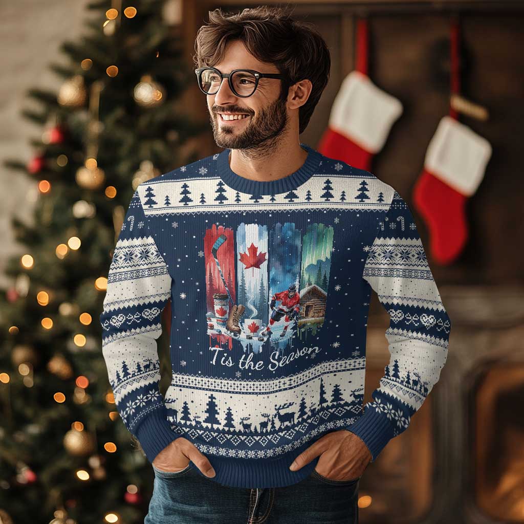 Xmas Canada Ice Hockey Lover Ugly Christmas Sweater Tis The Season TS12 Navy Beige Print Your Wear