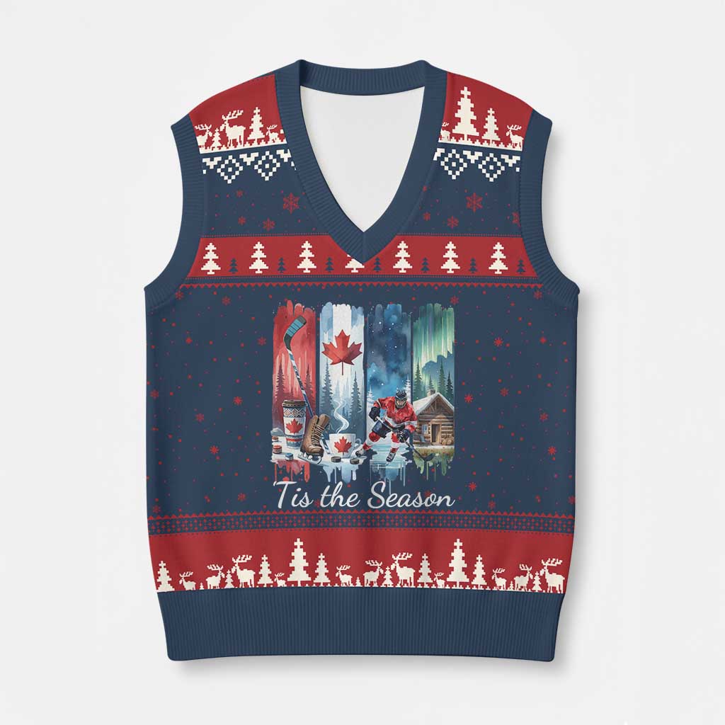 Xmas Canada Ice Hockey Lover V-Neck Knit Sweater Vest Tis The Season TS12 Navy Red Print Your Wear