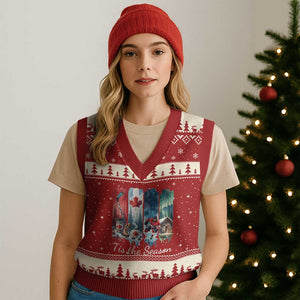 Xmas Canada Ice Hockey Lover V-Neck Knit Sweater Vest Tis The Season TS12 Red Beige Print Your Wear