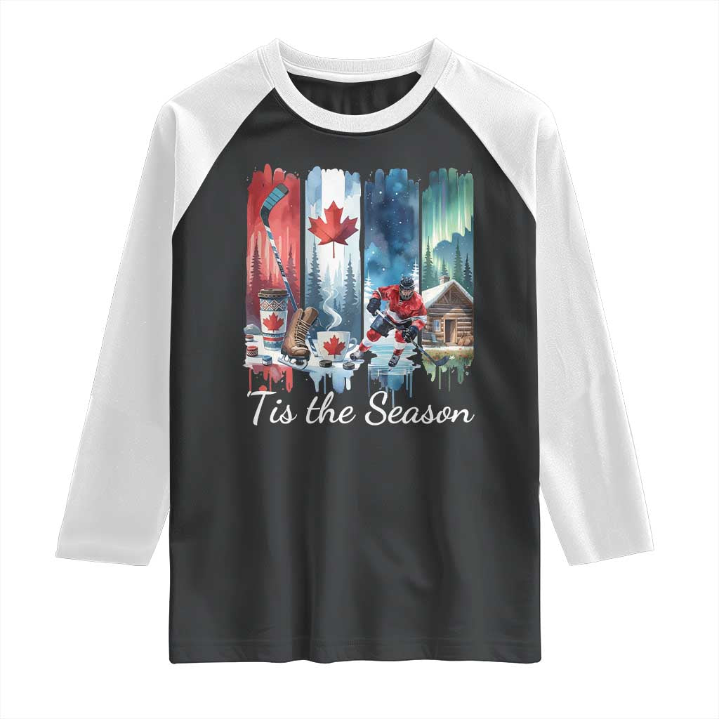 Christmas Canada Ice Hockey Lover Raglan Shirt Tis The Season TS12 Black White Print Your Wear