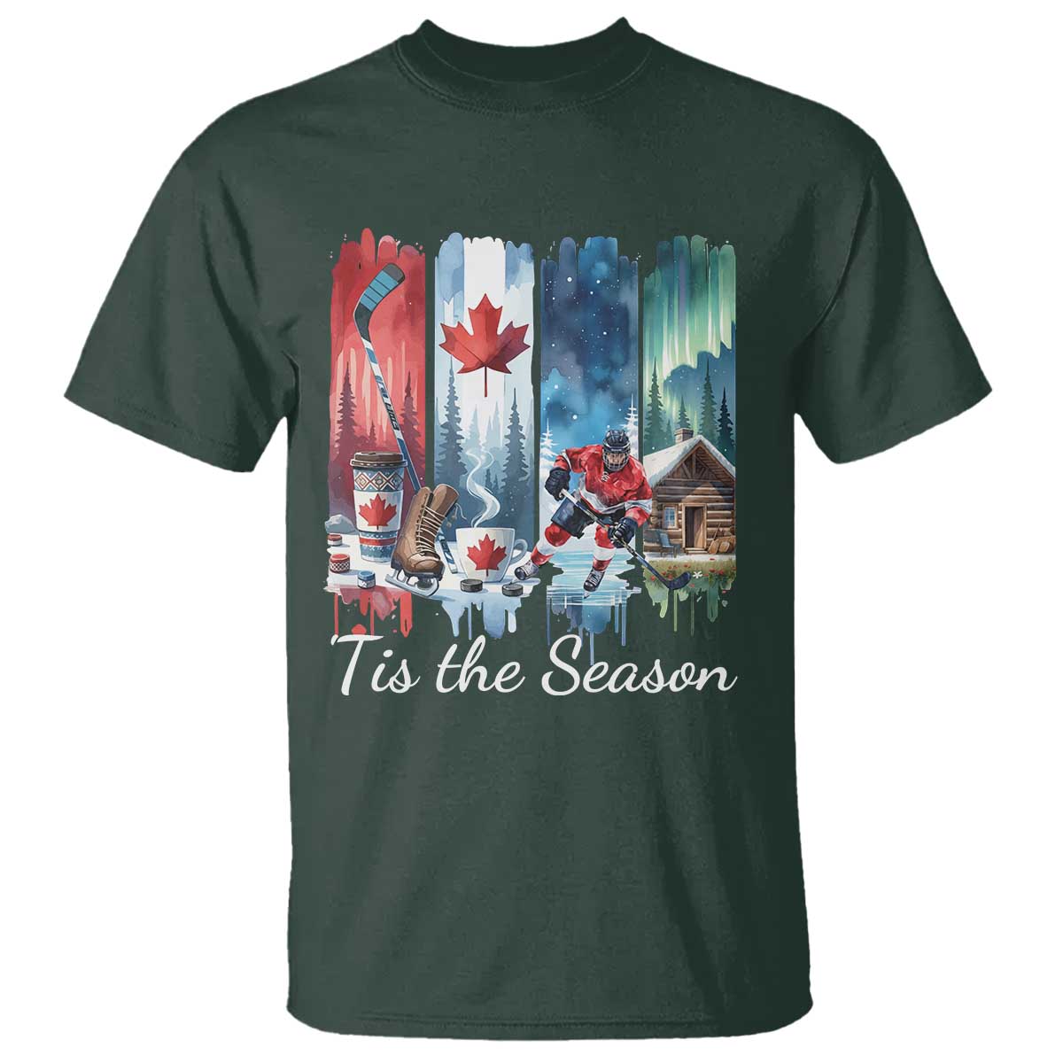Christmas Canada Ice Hockey Lover T Shirt Tis The Season TS12 Dark Forest Green Print Your Wear