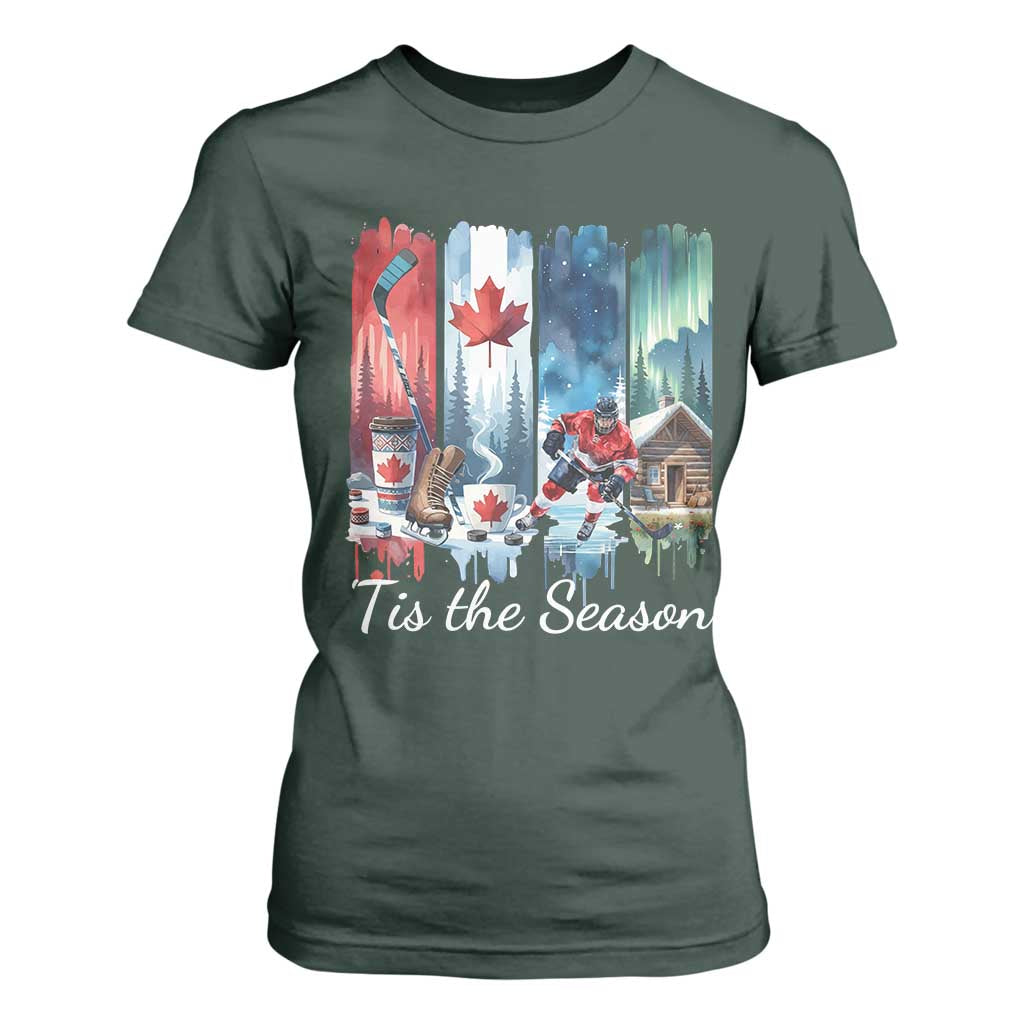 Christmas Canada Ice Hockey Lover T Shirt For Women Tis The Season TS12 Dark Forest Green Print Your Wear