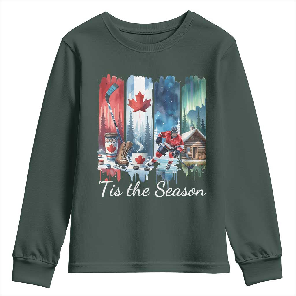 Christmas Canada Ice Hockey Lover Youth Sweatshirt Tis The Season TS12 Dark Forest Green Print Your Wear