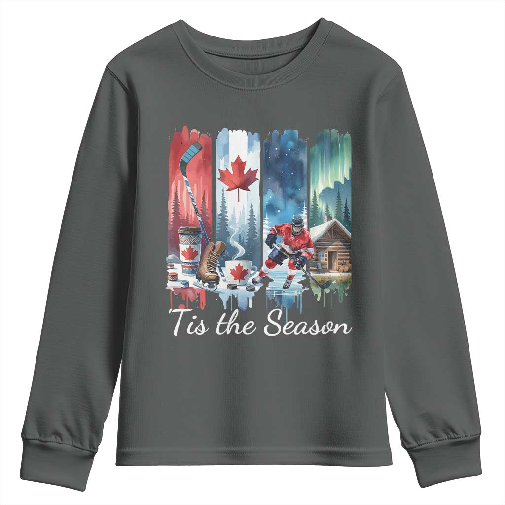 Christmas Canada Ice Hockey Lover Youth Sweatshirt Tis The Season TS12 Dark Heather Print Your Wear