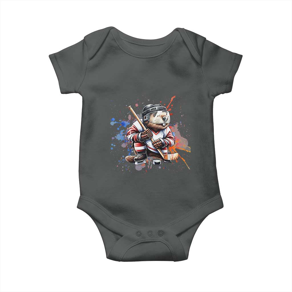 Funny Beaver Playing Ice Hockey Baby Onesie Winter Sports Gift TS12 Dark Heather Print Your Wear