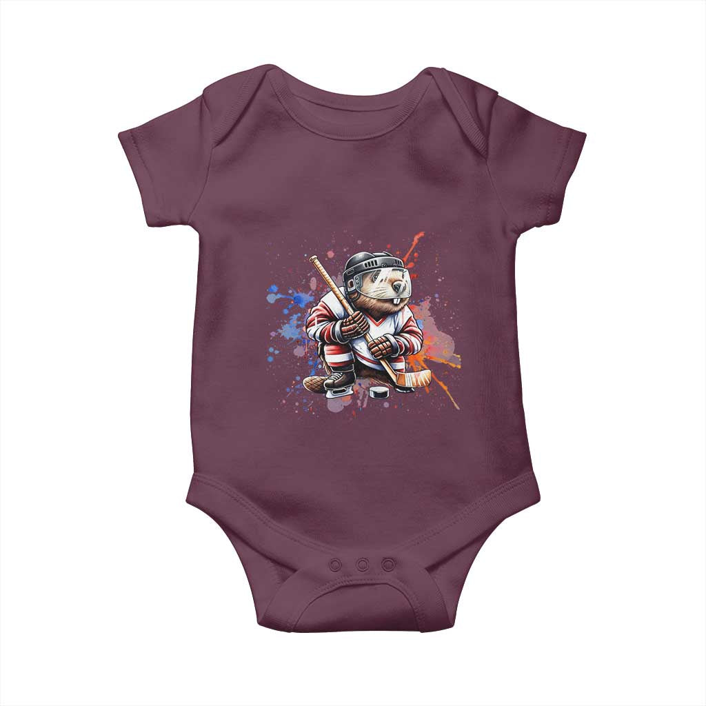 Funny Beaver Playing Ice Hockey Baby Onesie Winter Sports Gift TS12 Maroon Print Your Wear