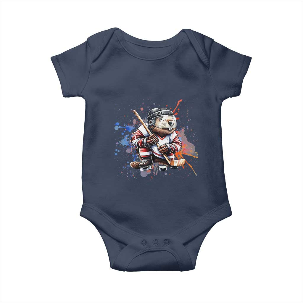 Funny Beaver Playing Ice Hockey Baby Onesie Winter Sports Gift TS12 Navy Print Your Wear