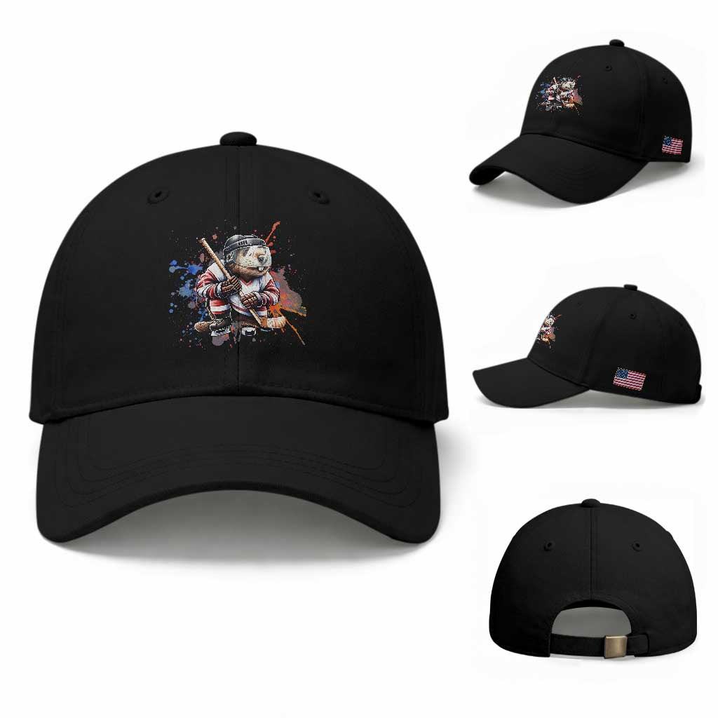 Funny Beaver Playing Ice Hockey Baseball Cap Winter Sports Gift TS12 Baseball Cap Universal Fit Black Print Your Wear