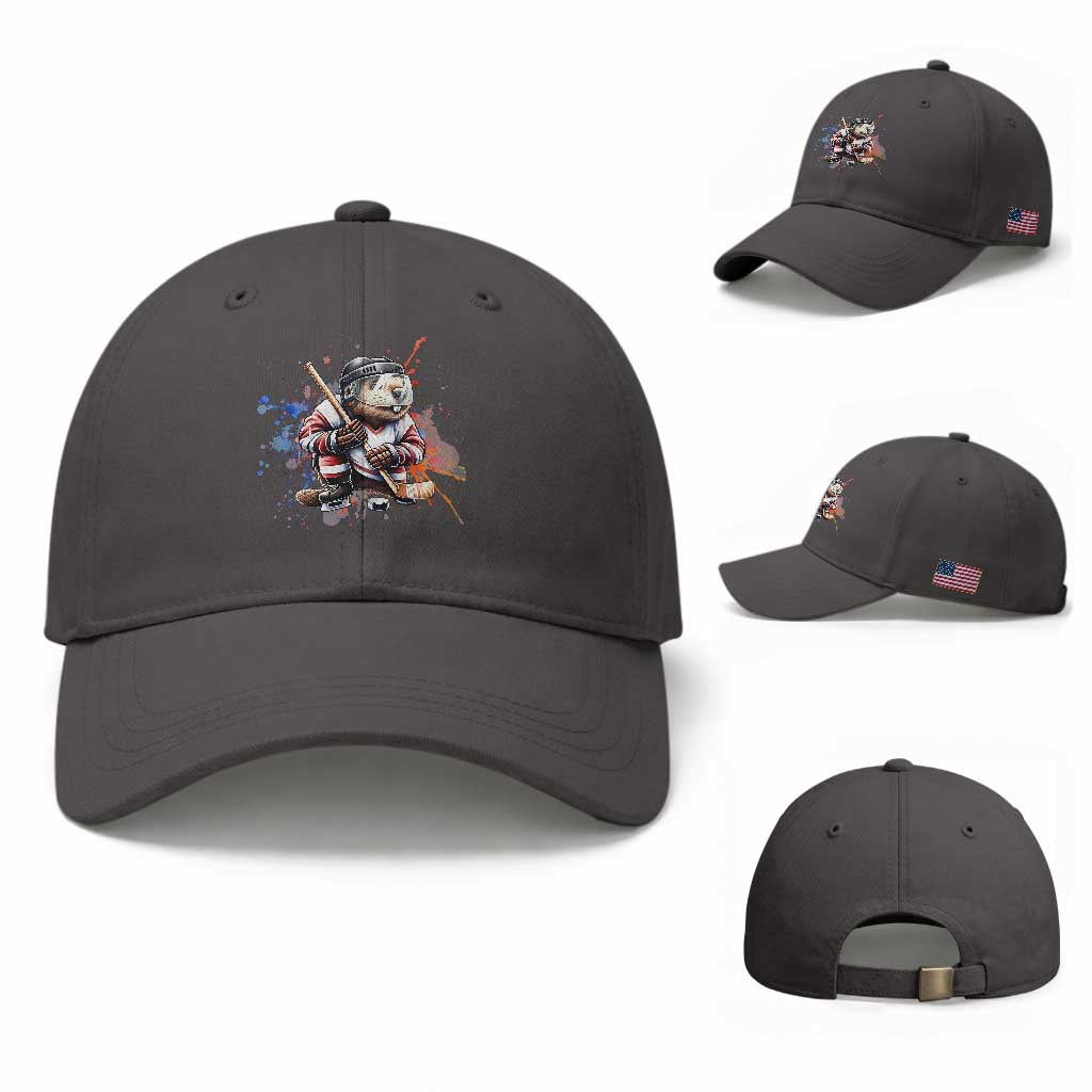 Funny Beaver Playing Ice Hockey Baseball Cap Winter Sports Gift TS12 Baseball Cap Universal Fit Dark Gray Print Your Wear