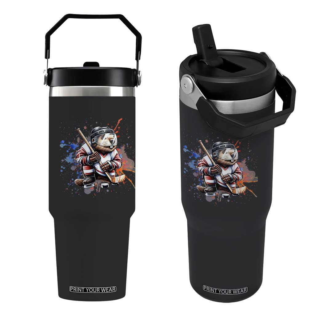 Funny Beaver Playing Ice Hockey Flip Straw Tumbler Winter Sports Gift TS12 One Size: 30 oz Black Print Your Wear