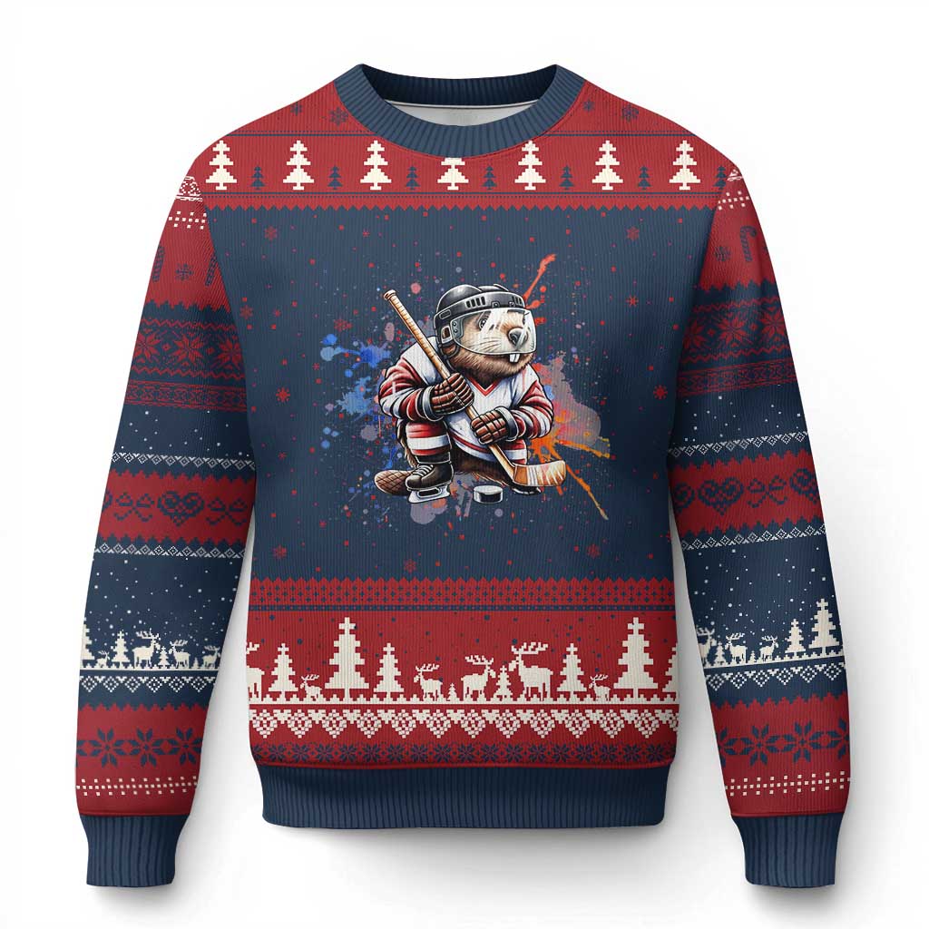 Funny Beaver Playing Ice Hockey Ugly Christmas Sweater Winter Sports Gift TS12 Navy Red Print Your Wear
