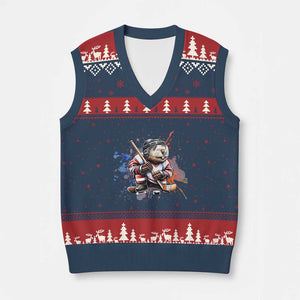 Funny Beaver Playing Ice Hockey V-Neck Knit Sweater Vest Winter Sports Gift TS12 Navy Red Print Your Wear