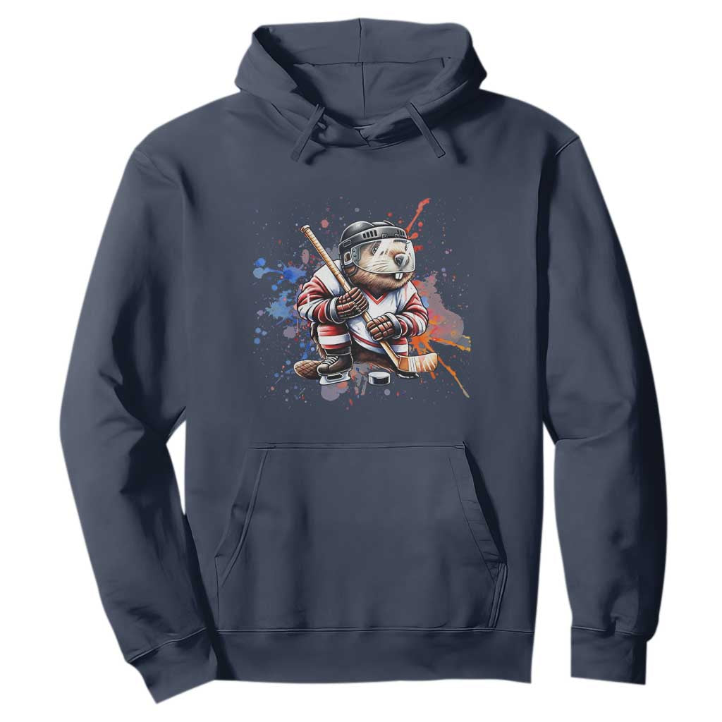Funny Beaver Playing Ice Hockey Hoodie Winter Sports Gift TS12 Navy Print Your Wear
