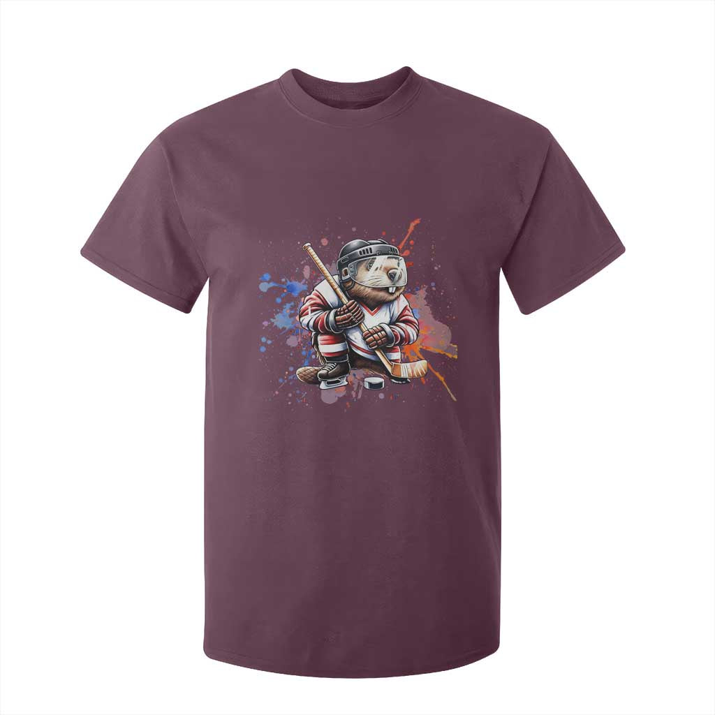 Funny Beaver Playing Ice Hockey T Shirt For Kid Winter Sports Gift TS12 Maroon Print Your Wear
