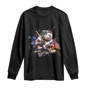 Funny Beaver Playing Ice Hockey Long Sleeve Shirt Winter Sports Gift TS12 Black Print Your Wear