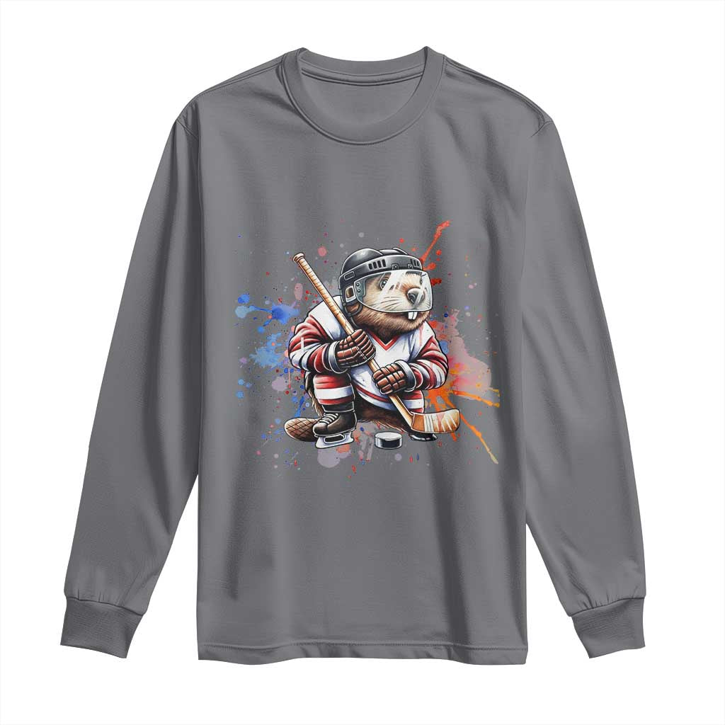 Funny Beaver Playing Ice Hockey Long Sleeve Shirt Winter Sports Gift TS12 Charcoal Print Your Wear