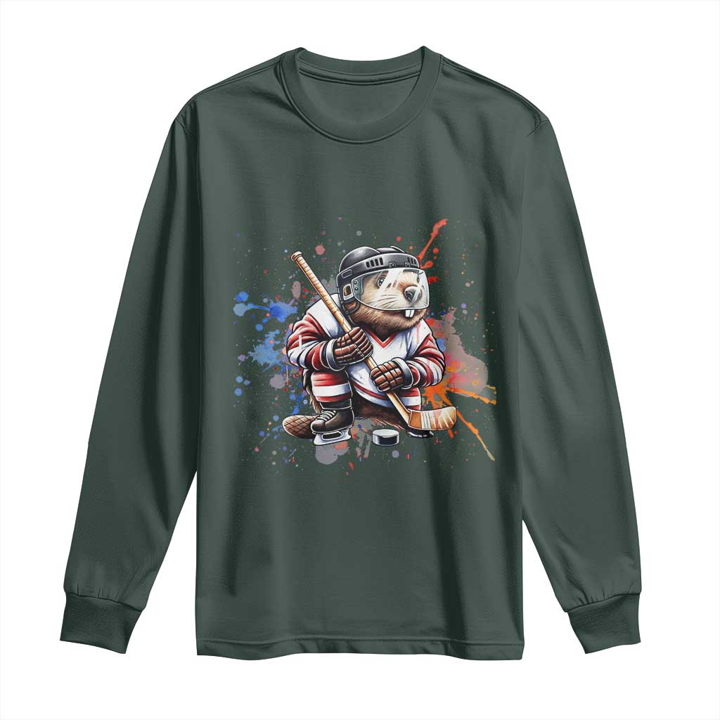 Funny Beaver Playing Ice Hockey Long Sleeve Shirt Winter Sports Gift TS12 Dark Forest Green Print Your Wear