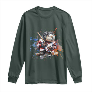 Funny Beaver Playing Ice Hockey Long Sleeve Shirt Winter Sports Gift TS12 Dark Forest Green Print Your Wear