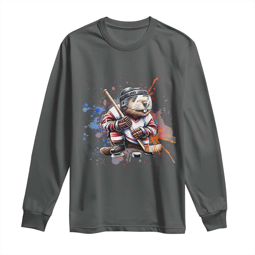 Funny Beaver Playing Ice Hockey Long Sleeve Shirt Winter Sports Gift TS12 Dark Heather Print Your Wear