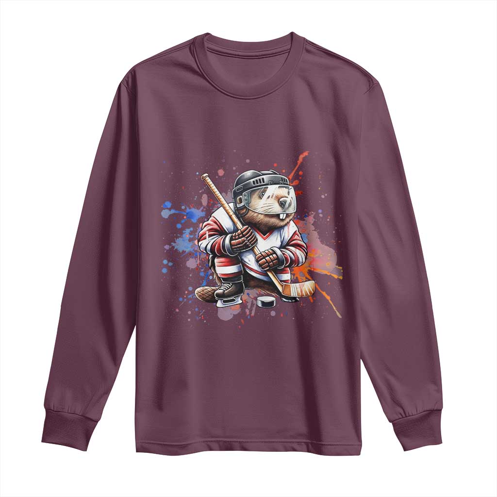 Funny Beaver Playing Ice Hockey Long Sleeve Shirt Winter Sports Gift TS12 Maroon Print Your Wear