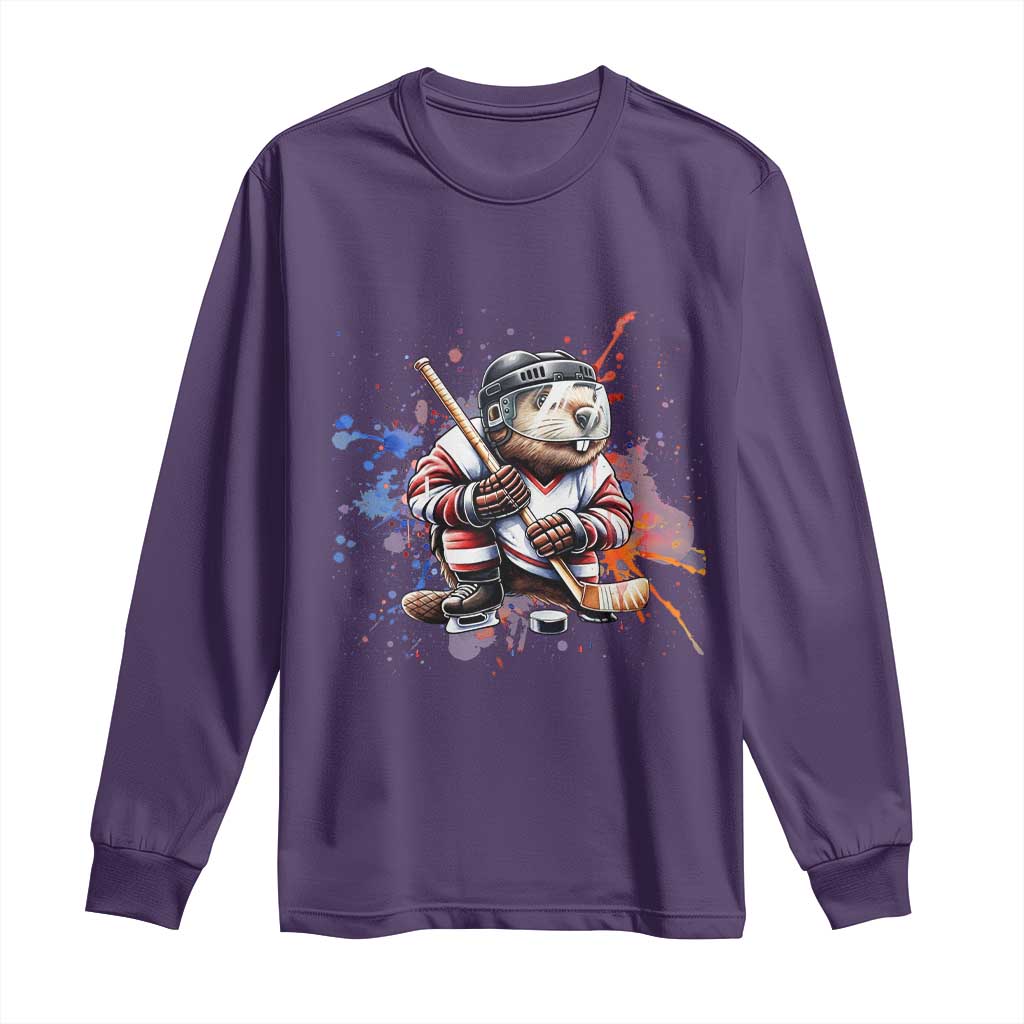 Funny Beaver Playing Ice Hockey Long Sleeve Shirt Winter Sports Gift TS12 Purple Print Your Wear