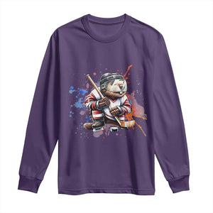 Funny Beaver Playing Ice Hockey Long Sleeve Shirt Winter Sports Gift TS12 Purple Print Your Wear