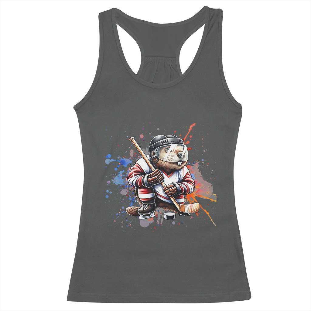 Funny Beaver Playing Ice Hockey Racerback Tank Top Winter Sports Gift TS12 Dark Heather Print Your Wear