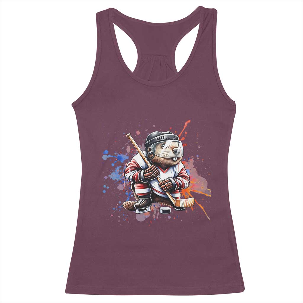 Funny Beaver Playing Ice Hockey Racerback Tank Top Winter Sports Gift TS12 Maroon Print Your Wear