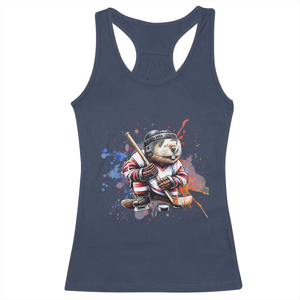 Funny Beaver Playing Ice Hockey Racerback Tank Top Winter Sports Gift TS12 Navy Print Your Wear