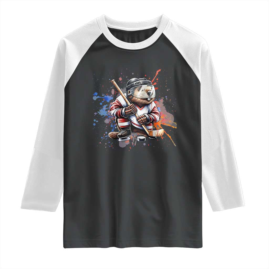 Funny Beaver Playing Ice Hockey Raglan Shirt Winter Sports Gift TS12 Black White Print Your Wear