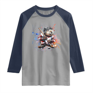 Funny Beaver Playing Ice Hockey Raglan Shirt Winter Sports Gift TS12 Sport Gray Navy Print Your Wear
