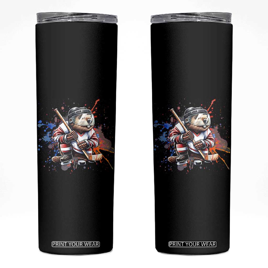 Funny Beaver Playing Ice Hockey Skinny Tumbler Winter Sports Gift TS12 Black Print Your Wear