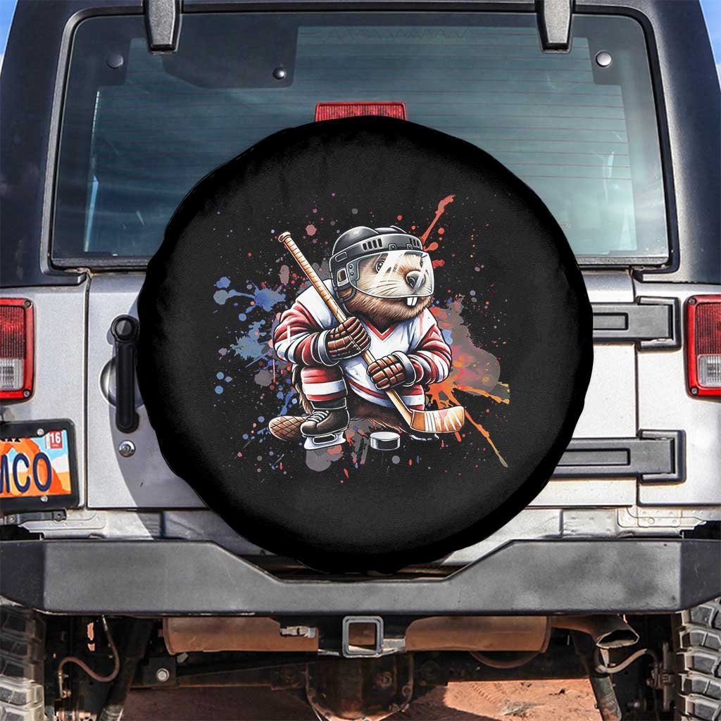 Funny Beaver Playing Ice Hockey Spare Tire Cover Winter Sports Gift TS12 No hole Black Print Your Wear